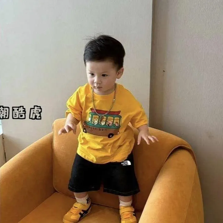 FAVMARTHA男童短袖上衣新款汽车洋气卡通四季衣服宝宝潮酷时尚恤