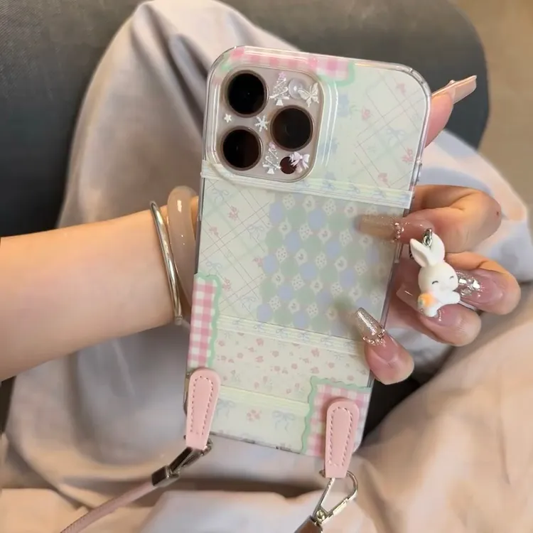 ins韩风拼接菱格碎花适用iPhone16promax手机壳15pro可爱14少女13