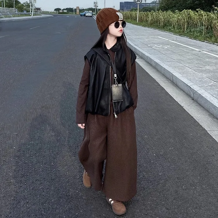 女童韩版套装春秋款2025新款女大童皮马甲休闲裤三件套儿童秋装潮