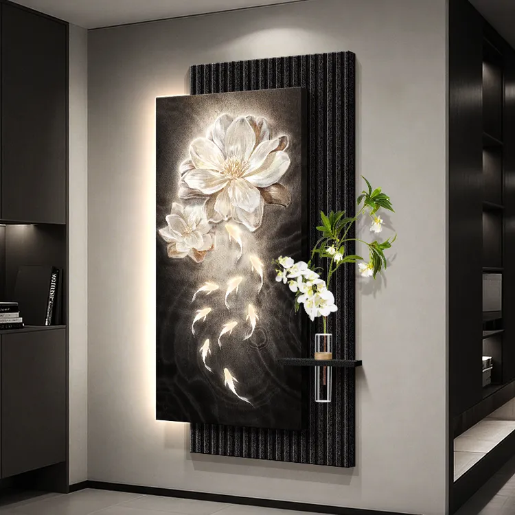 轻奢九鱼图入户玄关装饰画新款正对门挂画走廊过道尽头高级感壁画