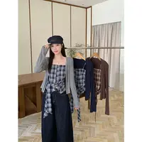 2025秋装新款新款胖mm大码女甜辣格子吊带开衫上衣两件套36095