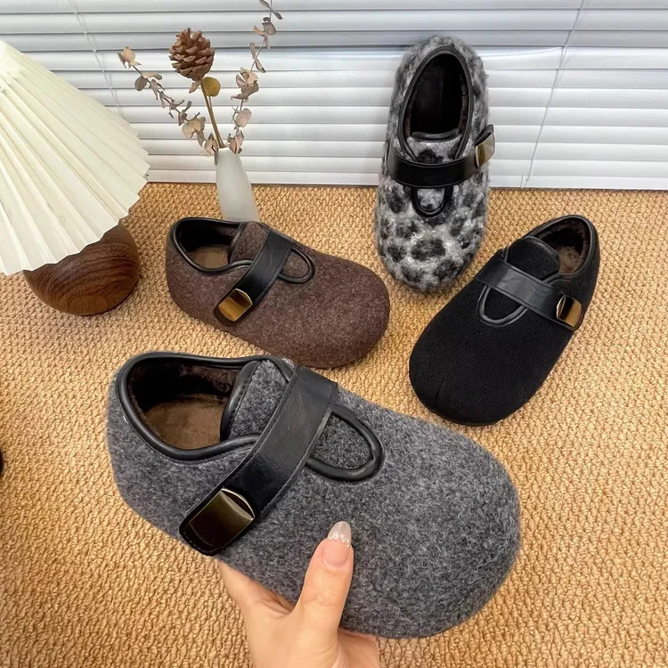 灰色法式玛丽珍毛毛鞋女外穿加绒保暖秋冬季2025新款平底勃肯棉鞋