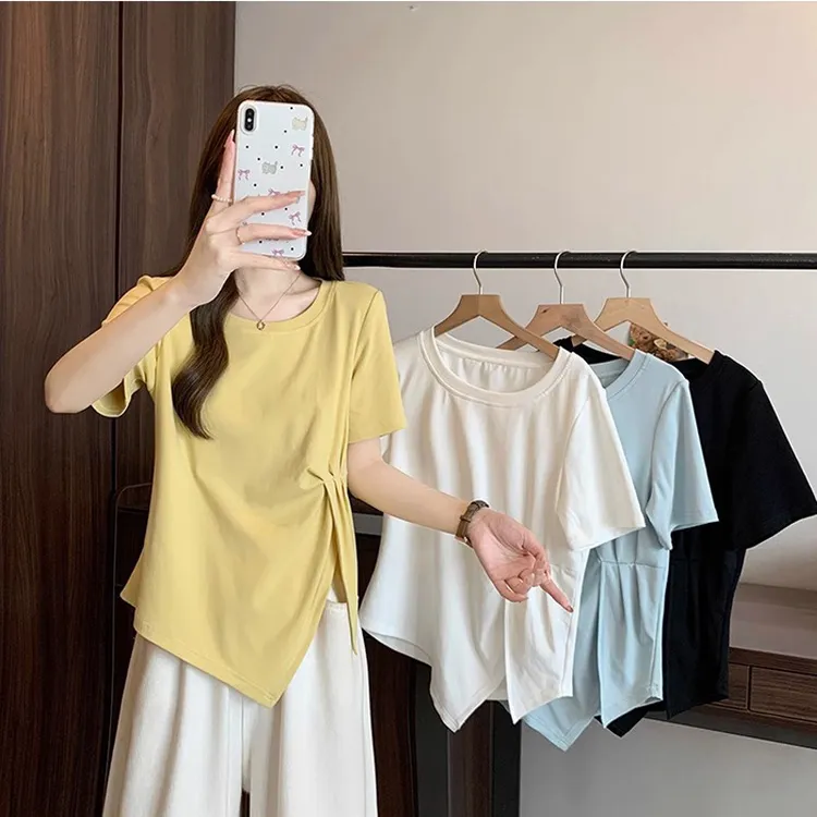 2025新款短袖减龄开叉不规则显瘦穿搭休闲百搭小众设计感正肩t恤