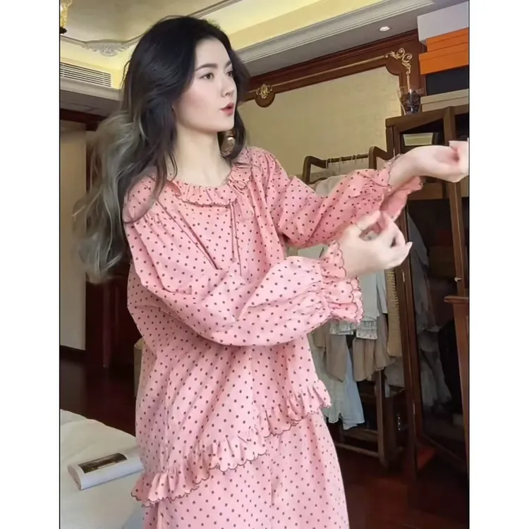 韩版气质时尚减龄春秋季新款长袖长裤睡衣女士家居服粉色休闲套装