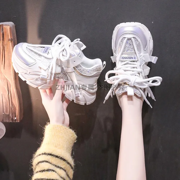 网红时尚亮片新款老爹鞋女款2025秋冬加绒保暖厚底百搭休闲运动鞋