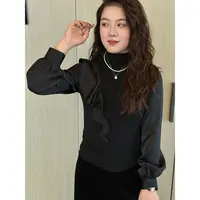 WenWen小个子不规则半高领荷叶边长袖衬衫2025秋内搭小衫上衣4380