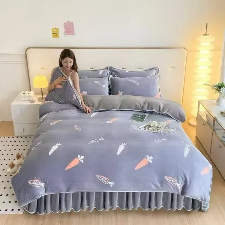 新款 加绒加厚牛奶绒四件套珊瑚绒被套法兰绒保暖床上 用品防静电