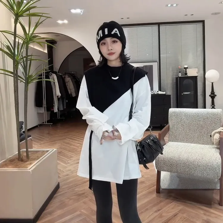 2025冬季新款时尚百搭宽松休闲洋气韩版针织领披肩长袖上衣两件套