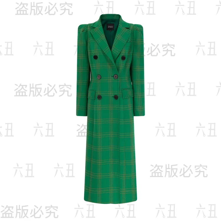 六丑【高定风衣】新款高级定制气质绿色格子风衣外套410ADY0136