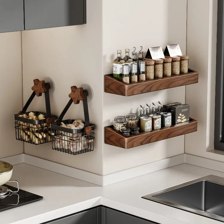 cmeo胡桃木置物架免打孔壁挂葱姜蒜筐厨房厨房收纳置物架调味料架