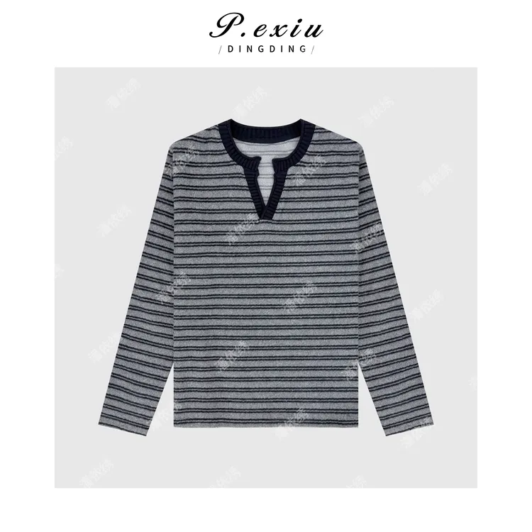 磨绒感简约宽松撞色条纹V领长袖卫衣 W-63502