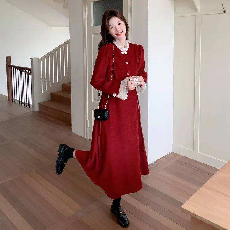 回门服日常可穿拼接假两件连衣裙拼接连显瘦小香风减龄中长款复古