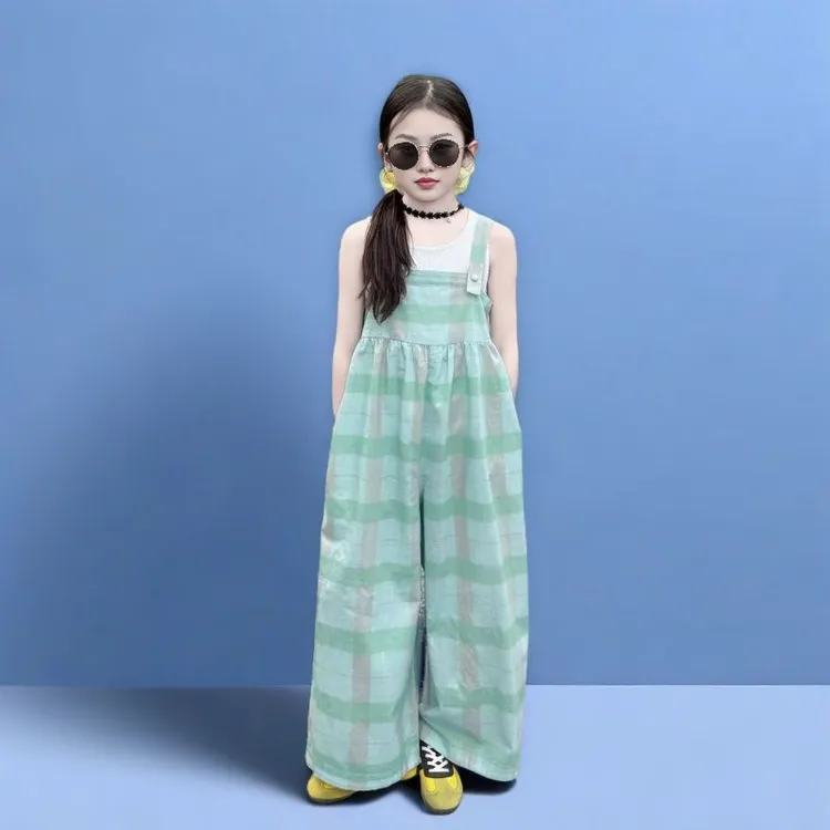 女童格子裤夏季2025新款儿童洋气甜美风宽松阔腿背带裤背心套装潮