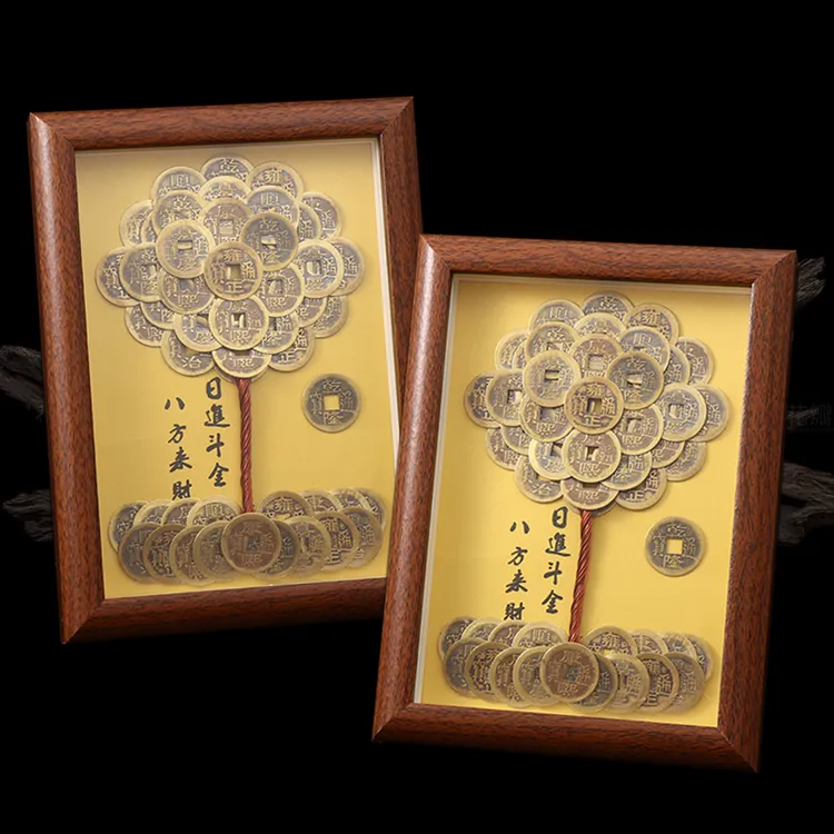 【纯手工】成品摆件发财树创意相框DIY造型五帝摆件摇钱树摆件复古