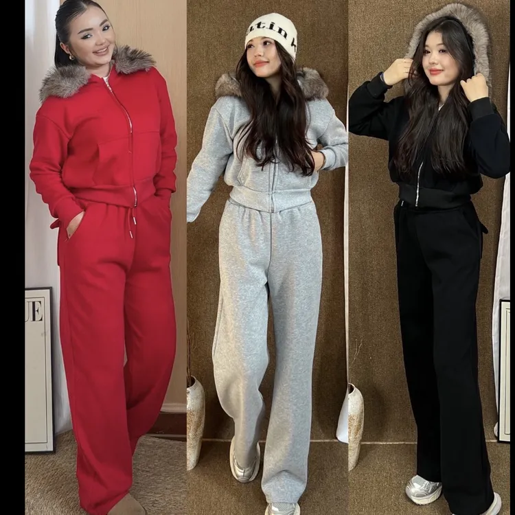 【Rayhon】美式休闲运动套装穿搭真毛领加绒连帽卫衣阔腿裤两件9990