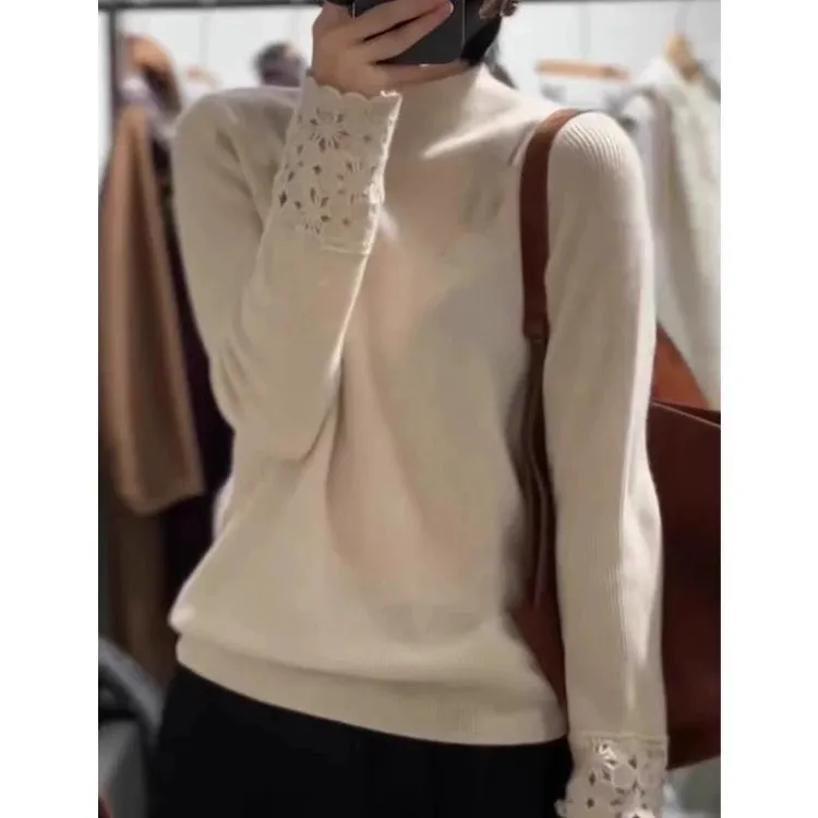 洋气经典袖口镂空半高领纯色毛衣简约百搭保暖针织衫柔软8962