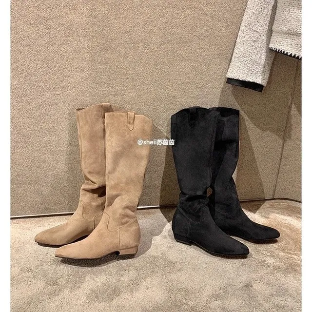 葡萄妈同款 涩谷靴V口尖头绒面内增高粗跟高筒骑士靴女西部堆堆靴