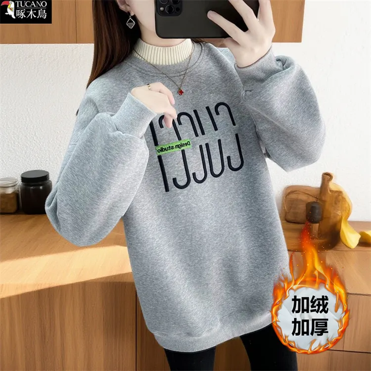 啄木鸟正品2025年新款半高领女卫衣冬季加绒长袖刺绣时尚外穿上衣
