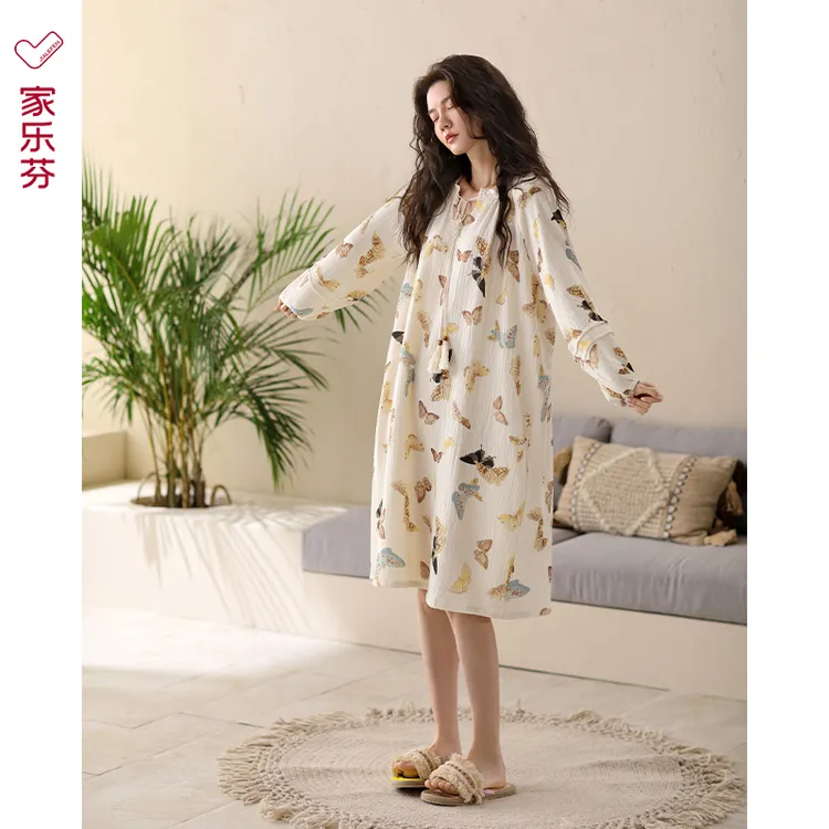 家乐芬睡裙女睡衣春款春夏季夏款纯棉纱布全棉长袖春秋薄款连衣裙