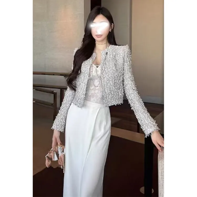 法式灰白流苏小香风圆领短上衣女韩版高级时尚名媛气质开衫外套