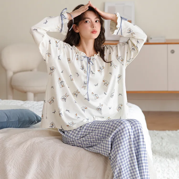 纯棉甜美女士睡衣春秋季新款长袖长裤韩系可爱家居服可外穿两件套