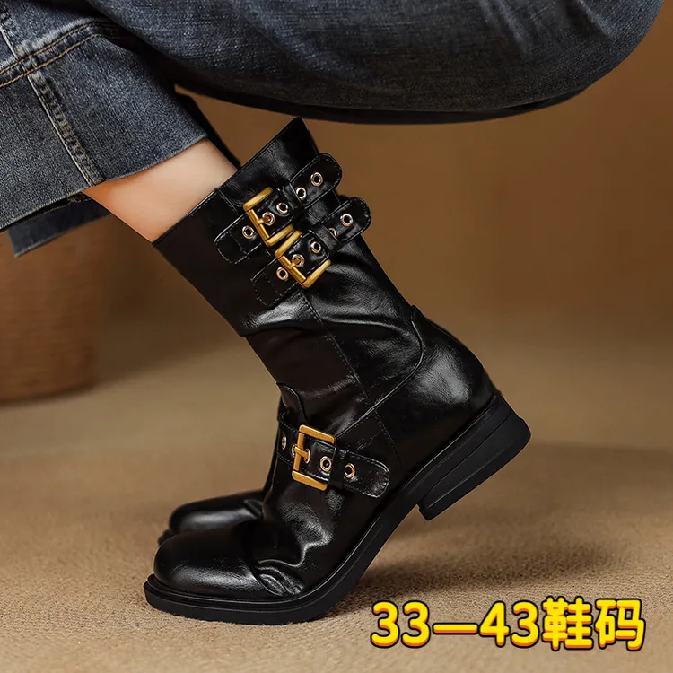 复古时髦皮带扣圆头中筒骑士靴女春秋单靴子机车靴女款大码41一43