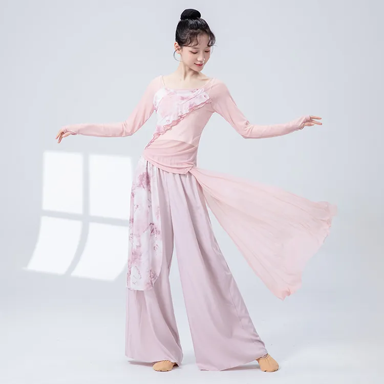 古典舞服女弹力网纱水墨蝴蝶长袖拼接飘片阔腿裤形体练功演出服