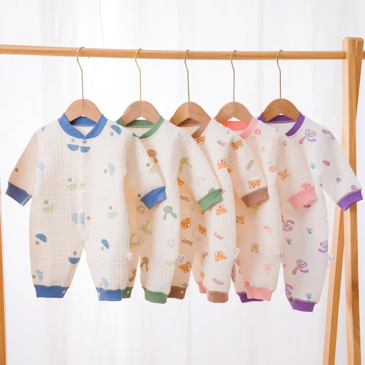 婴儿三层保暖连体衣空气棉宝宝爬服哈衣婴儿夹棉连体衣春秋款睡衣