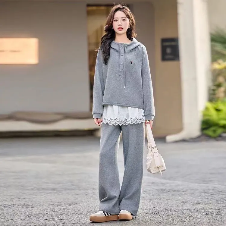 A10602-春季连帽套头卫衣撞色蕾丝短裙拼接高腰阔腿裤韩版两件套