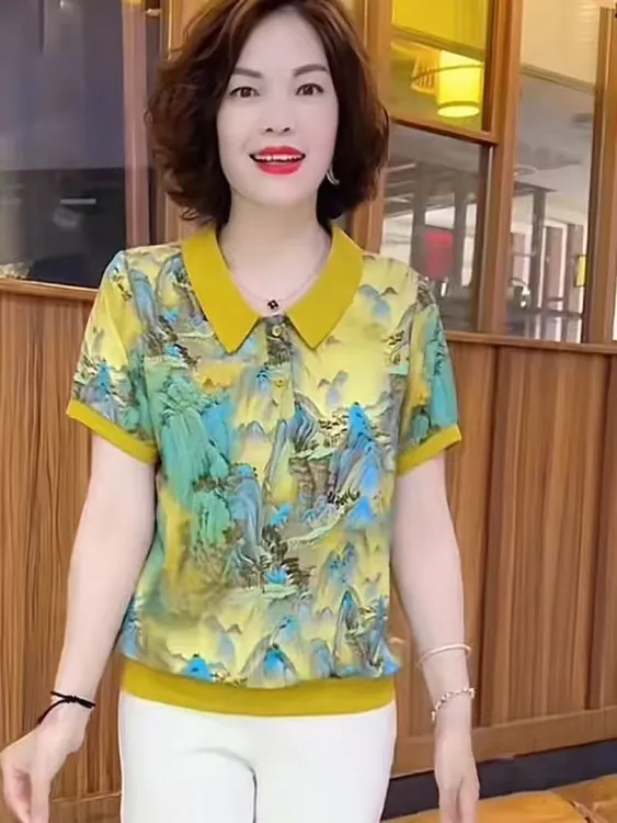 夏季新款中年洋气时尚休闲风吸汗遮肉常规款娃娃领短袖T恤 振