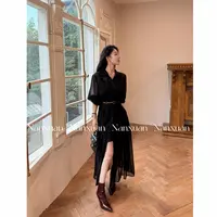 【南萱】【黑纱派对】秋季复古收腰显瘦黑色衬衫式连衣裙5XLYZ10092