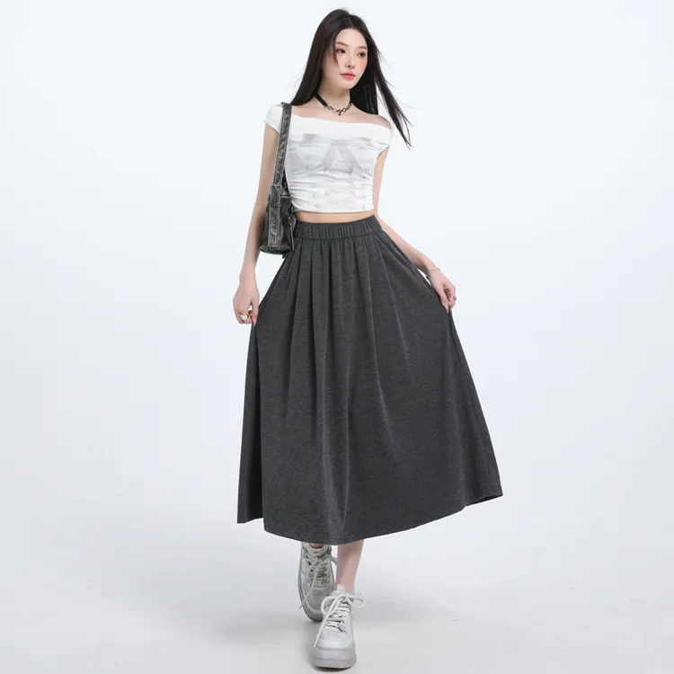 灰色夏季新款收腹百褶半身裙女高腰垂感休闲修身a字伞裙大摆长裙