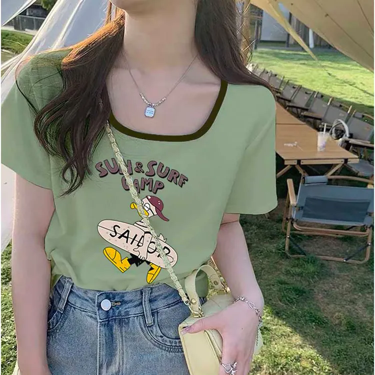 浅绿色卡通方领撞色正肩短袖t恤女潮设计感小众漏锁骨显瘦上衣夏