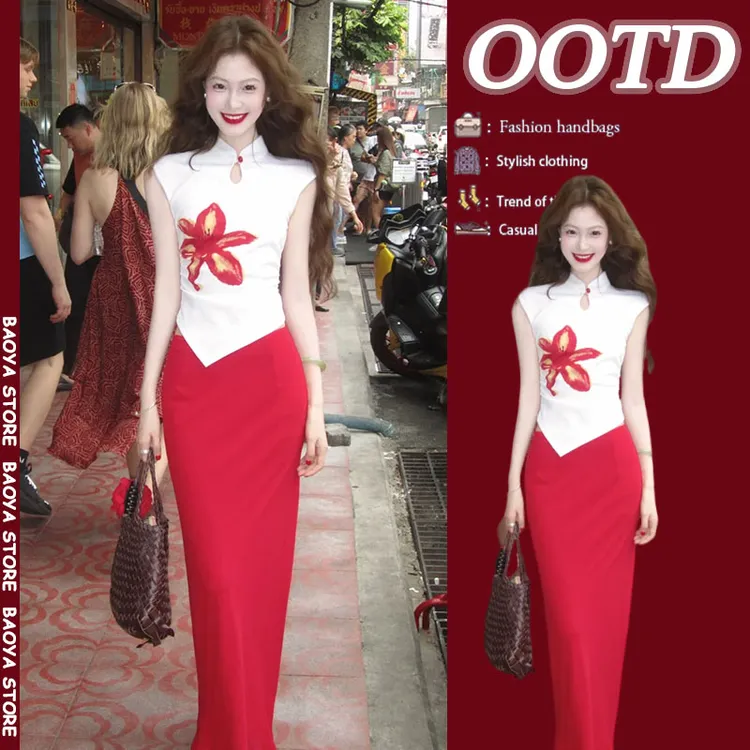 新中式国风套装女夏季2025新款显瘦减龄气质盘扣短袖半身裙两件套