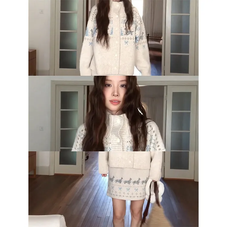 MARIE.COCO韩系穿搭高领长袖针织开衫上衣气质半身短裙减龄套装