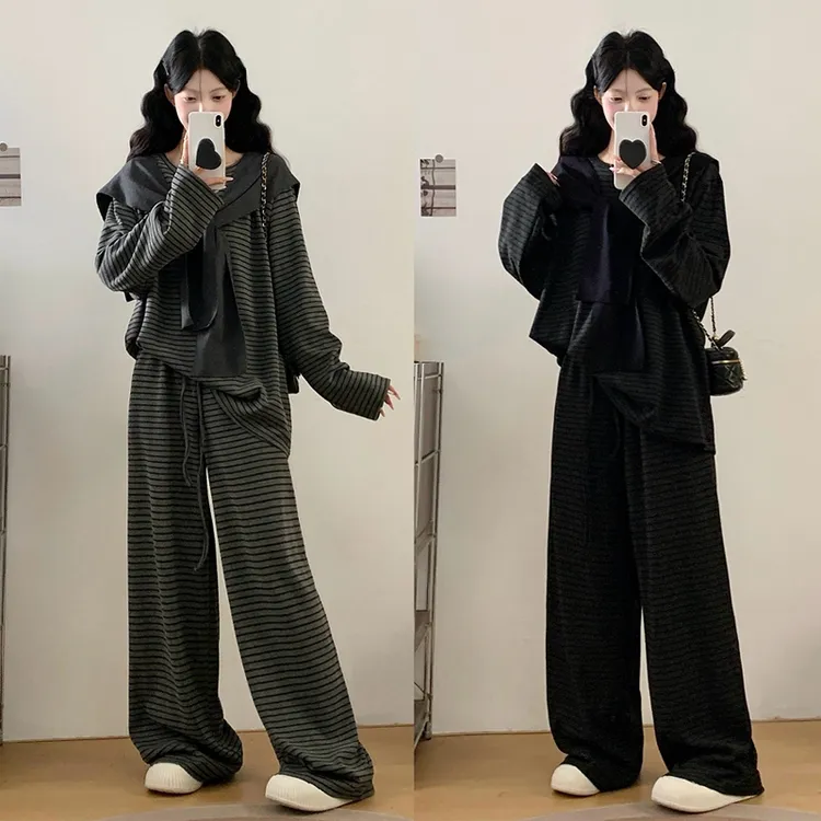 大码胖mm秋季新款条纹宽松慵懒风遮肉显瘦气质时尚上衣披肩套装女
