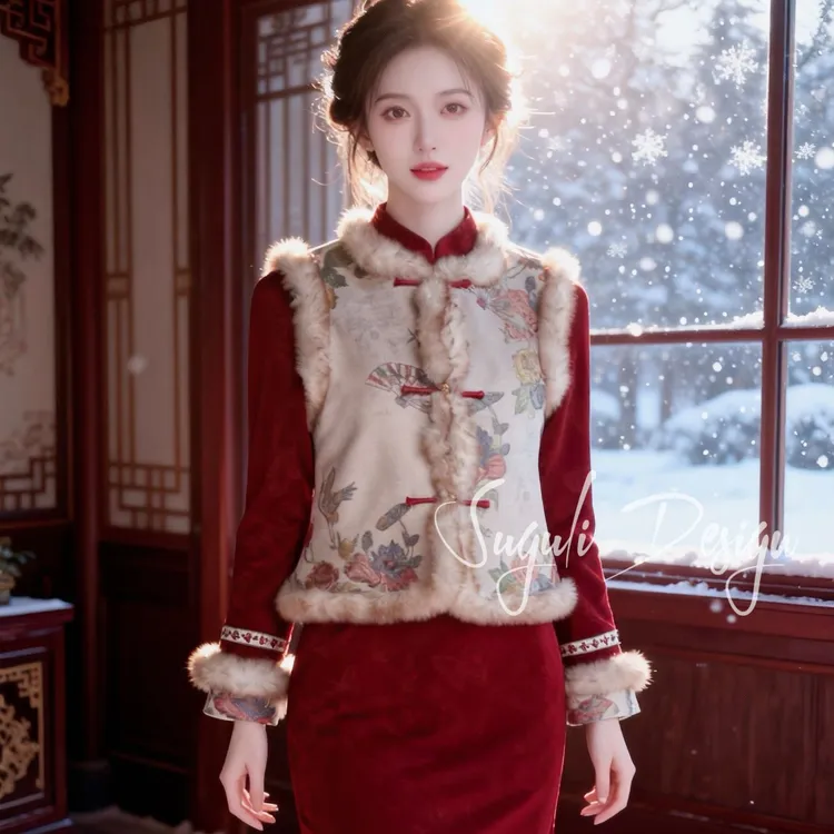 苏故里【花好月圆】新款冬季加绒修身显瘦气质新中式旗袍中长小个子