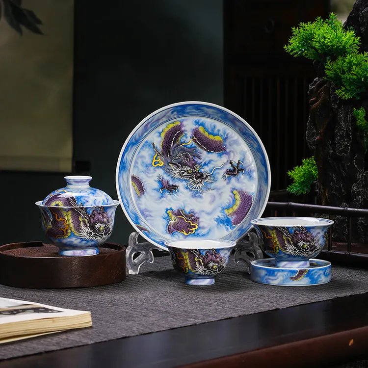 景德镇陶瓷茶具套装釉下彩紫气东来五件套釉下彩盖碗龙纹茶杯壶承