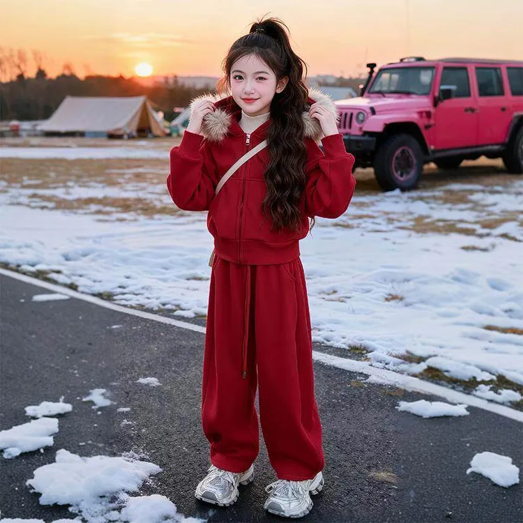 女童冬季毛领加绒套装2025新款中大童休闲宽松加绒休闲裤两件套潮