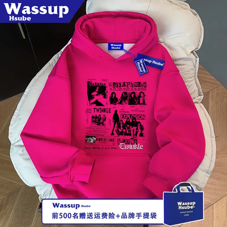 WASSUP HSUBE潮流秋冬休闲画笔狗狗百搭宽松印花长袖卫衣情侣上衣