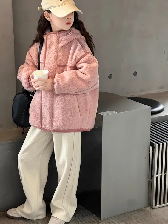 女童加绒外套秋冬装2025新款女大童羊羔绒加厚棉服儿童夹棉毛毛衣