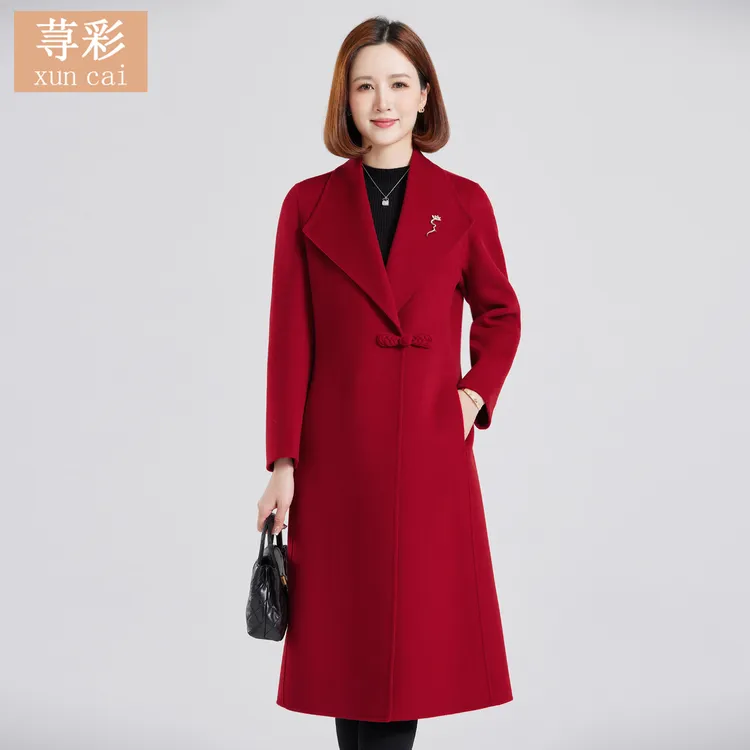 妈妈过膝双面羊毛大衣外套长款秋冬保暖双面呢中长款气质显瘦大衣