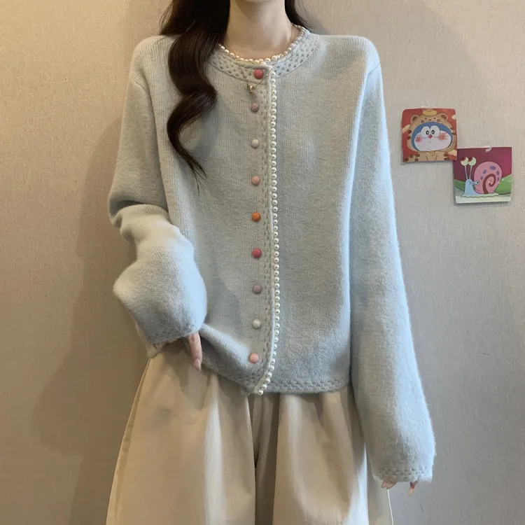 蓝色软糯正肩毛衣外套女2025秋冬新款大码胖mm慵懒风针织开衫上衣