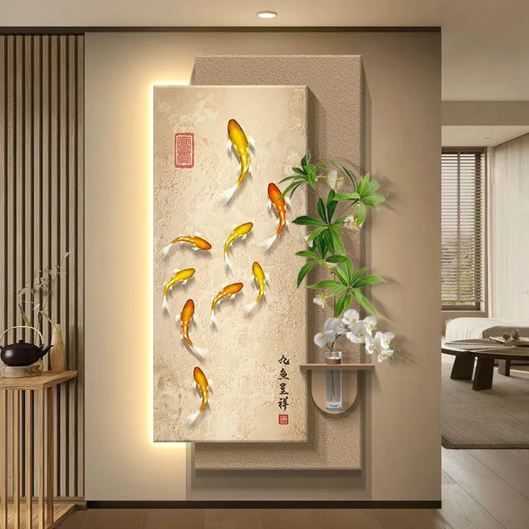九鱼图福字玄关装饰画入户正对门挂画水培绿植中式走廊过道壁画灯