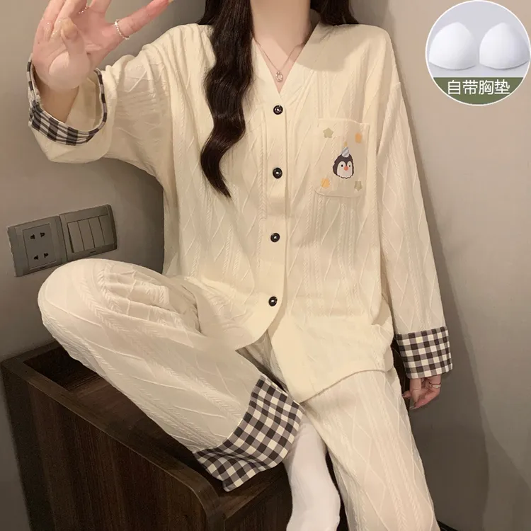 带胸垫睡衣女春秋季可爱少女甜美女士睡衣可外穿家居服套装