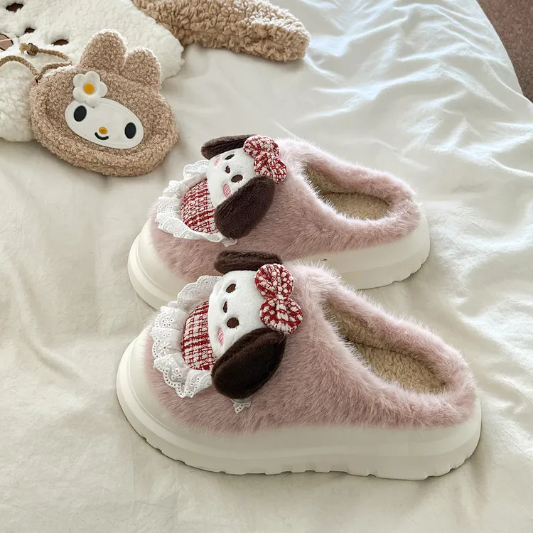 可爱小狗加绒保暖包头棉拖鞋女2025秋冬季新款厚底踩屎感毛毛拖鞋