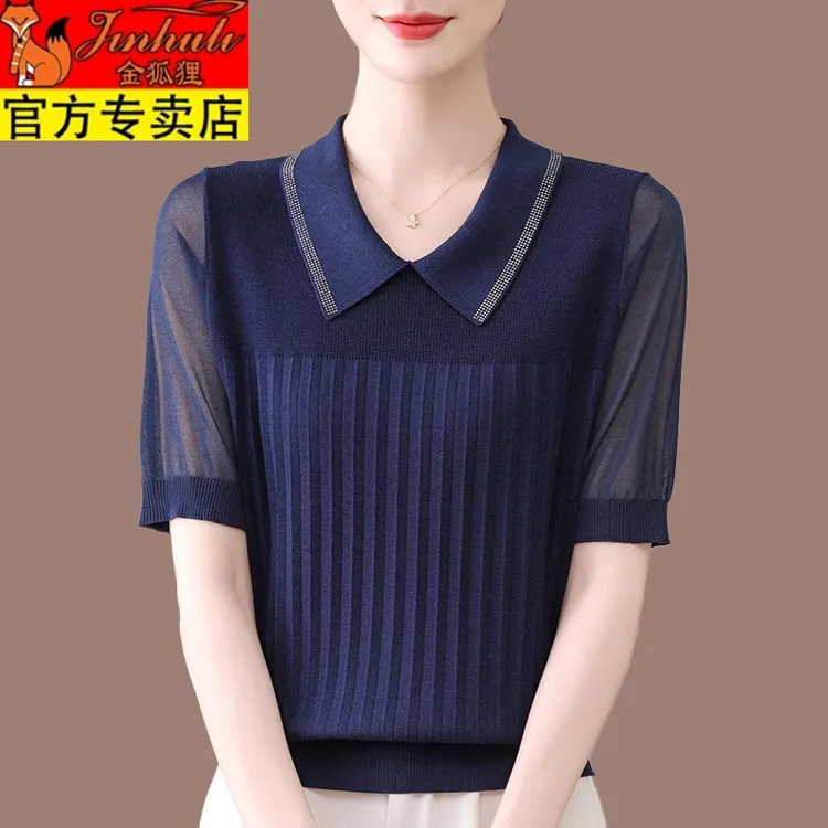 妈妈夏季薄款桑蚕丝t恤女2025新款宽松翻领蕾丝短袖针织上衣小衫