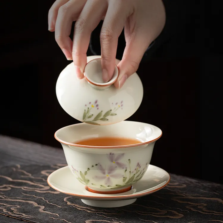 草木灰手绘小雏菊三才盖碗小号单茶杯家用陶瓷撇口泡茶碗高档茶具