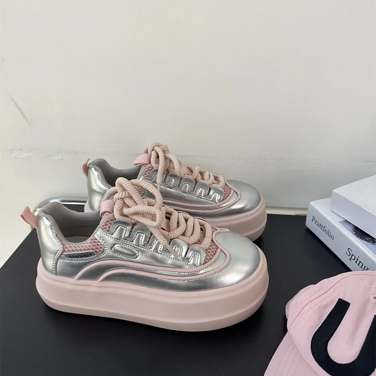 粉色面包鞋女春厚底轻便增高丑萌休闲板鞋