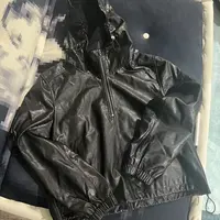 【HAV】  新款时髦百搭连帽抽绳半拉链长袖套头牛皮上衣